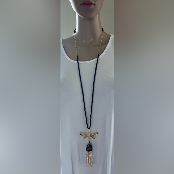 *NWOT* Beautiful Tabelina Onyx and Pearl Tassel Necklace - Picture 2 of 8